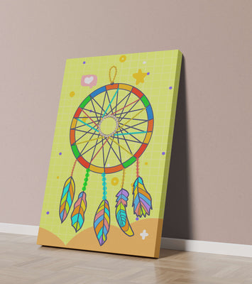 Colorful dreamcatcher on a vibrant yellow background