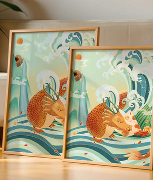 Dragon mythique au milieu de vagues stylisées et de montagnes aux couleurs vives
