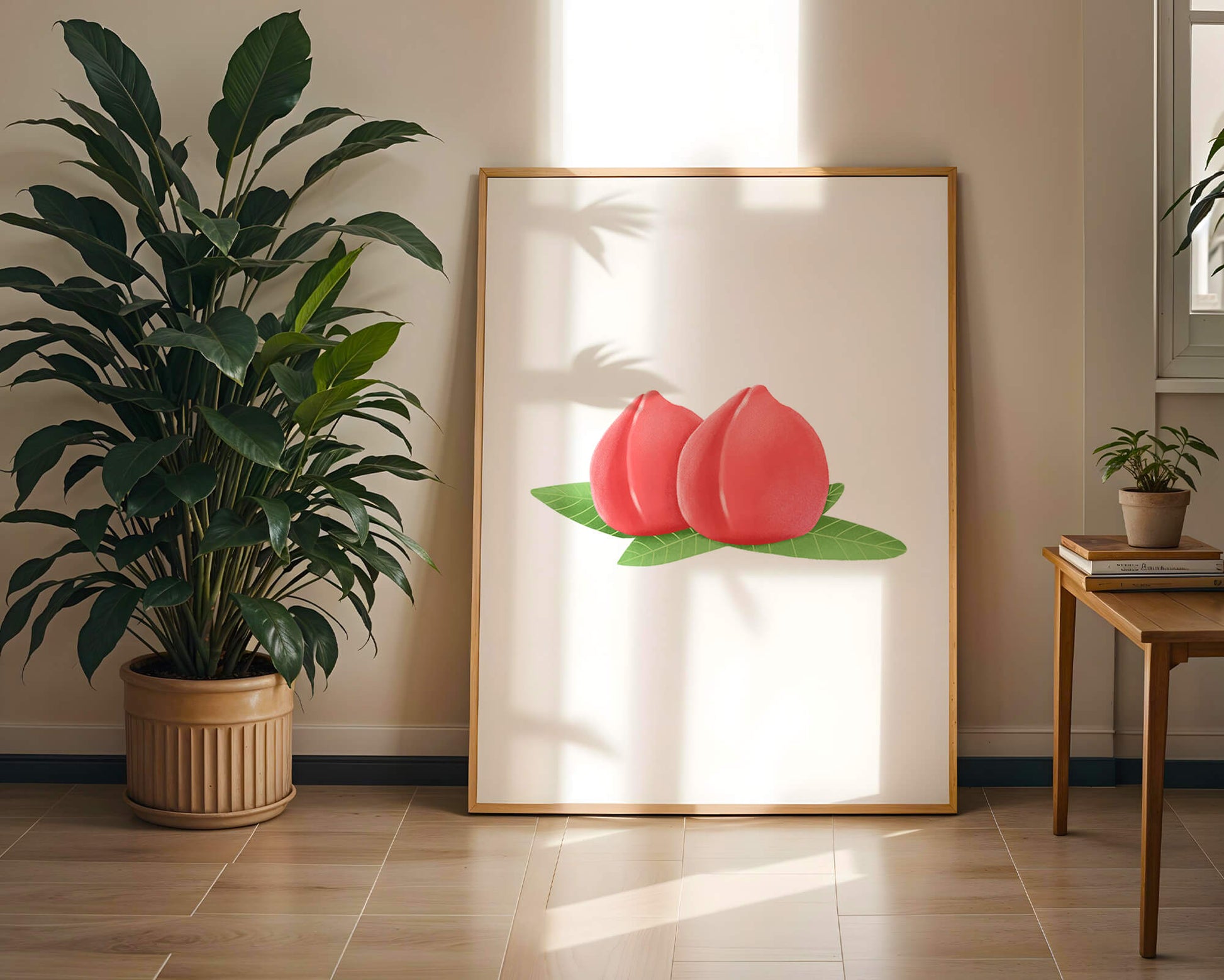 Realistic illustration of juicy peaches with green leaves