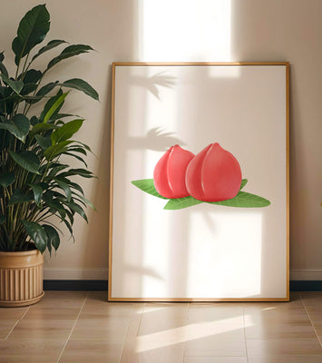 Realistic illustration of juicy peaches with green leaves