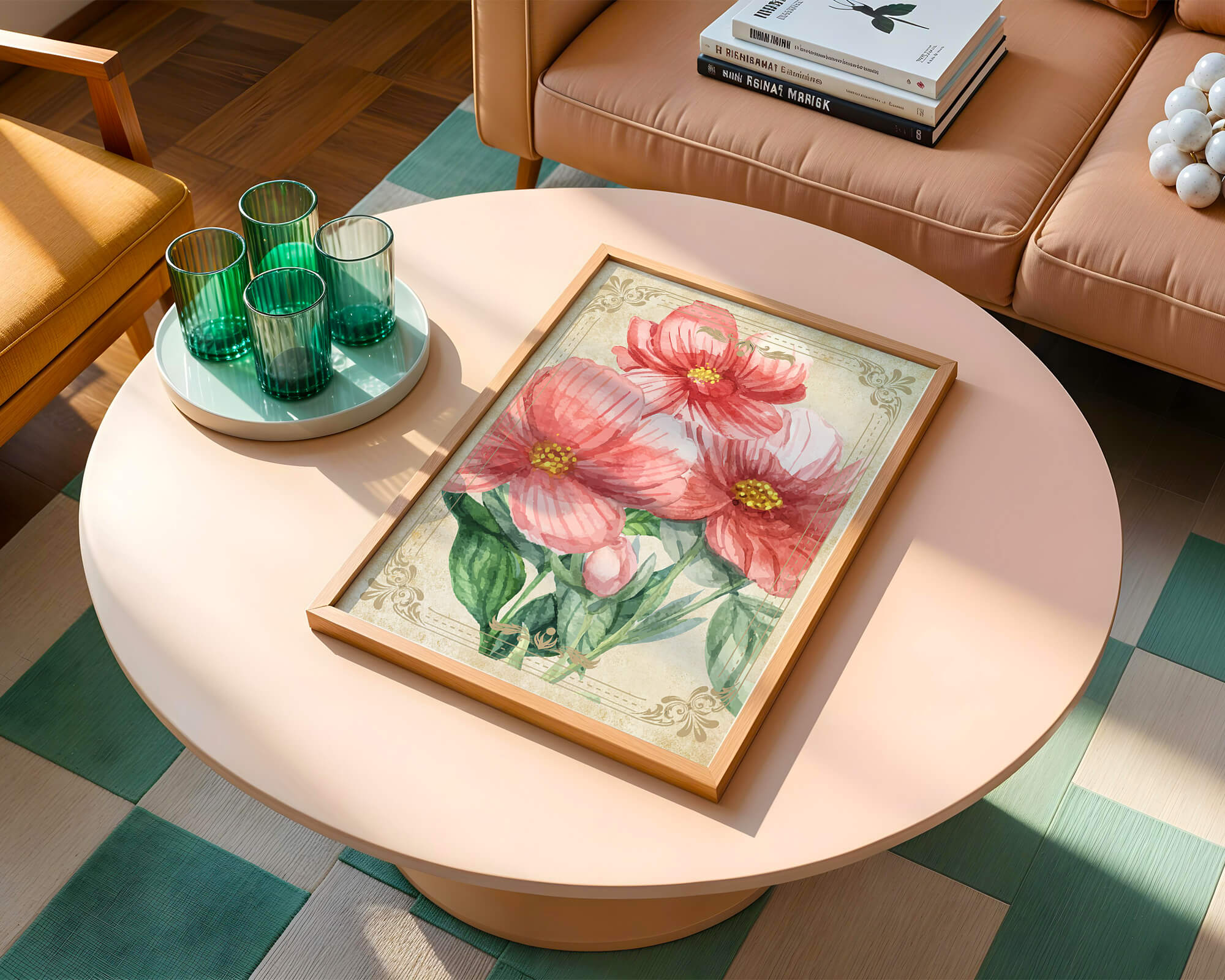 Watercolor floral illustration with pink blooms and green foliage