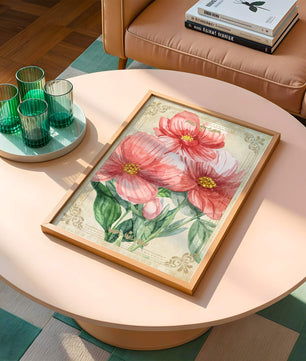 Watercolor floral illustration with pink blooms and green foliage