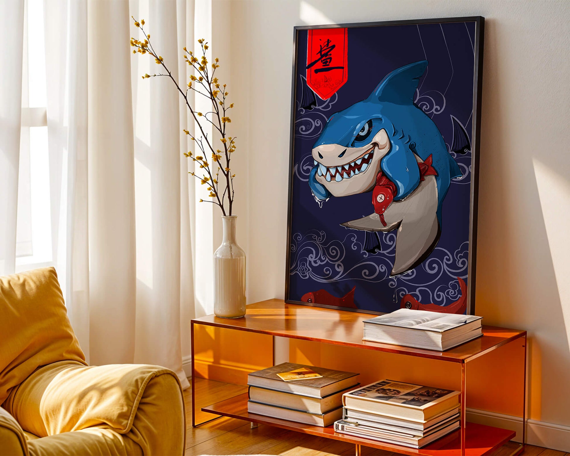 Playful illustration of a cartoon shark with nautical elements