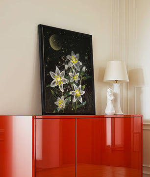 Floral Night Scene with Luminous Flowers and Golden Moon