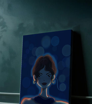 Illustration of a woman with bokeh lights and stylish earrings