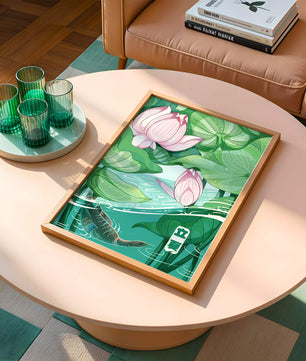 Illustration nature sereine avec fleurs de lotus et vie aquatique