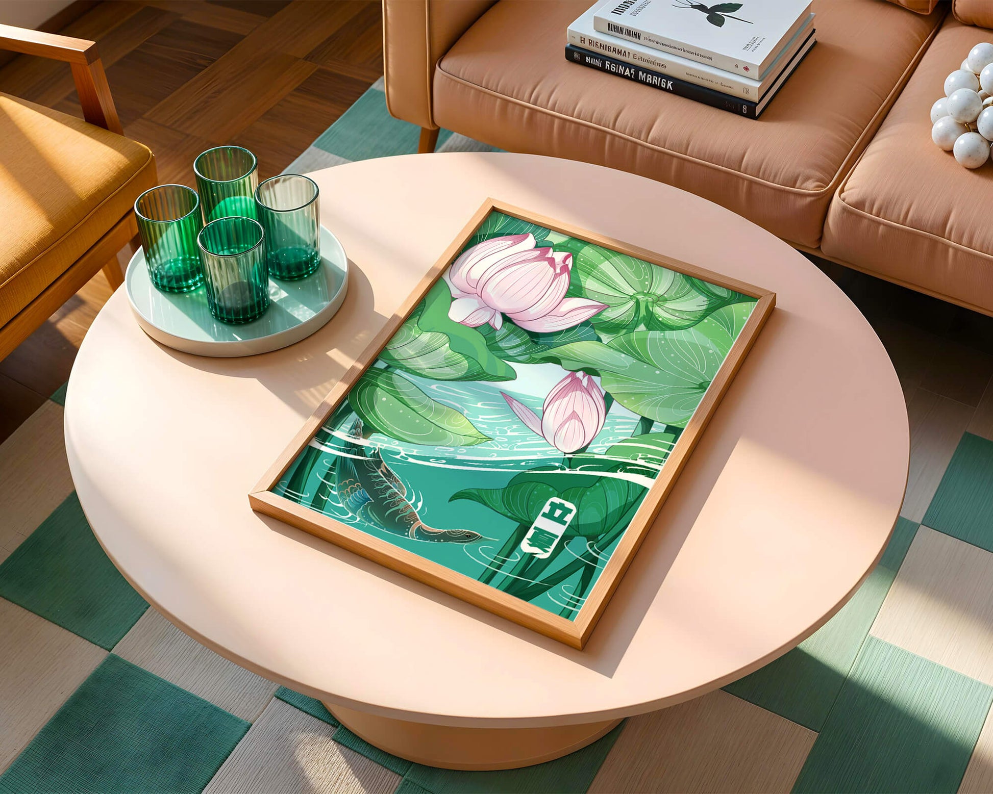 Ilustración de la naturaleza serena con flores de loto y vida acuática