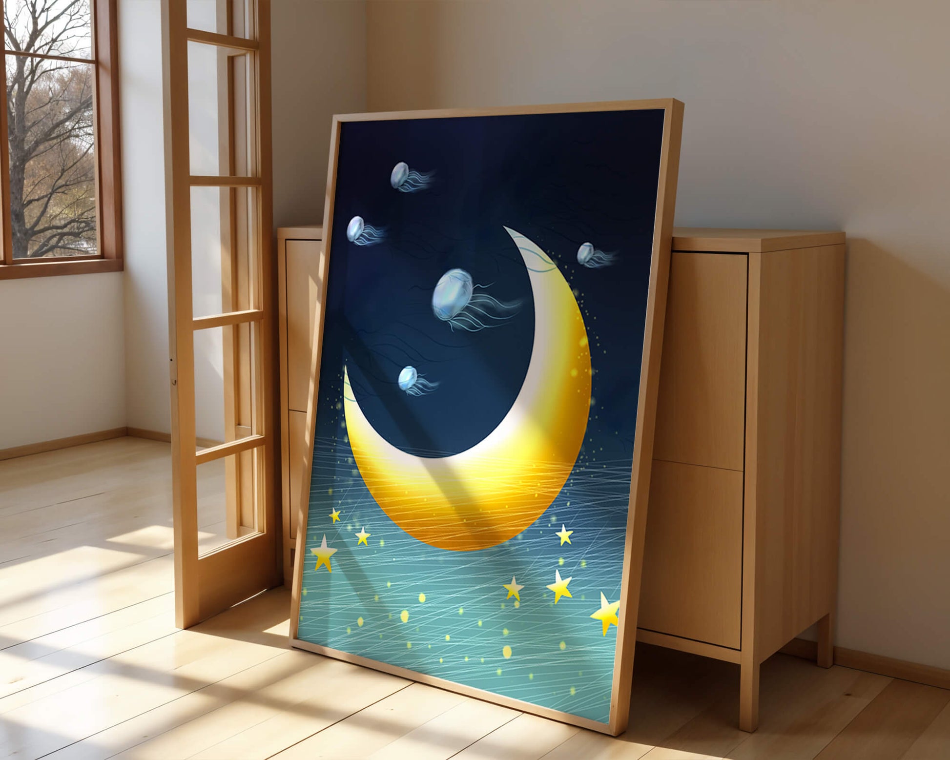 Night sky with golden crescent moon and jellyfish drifting