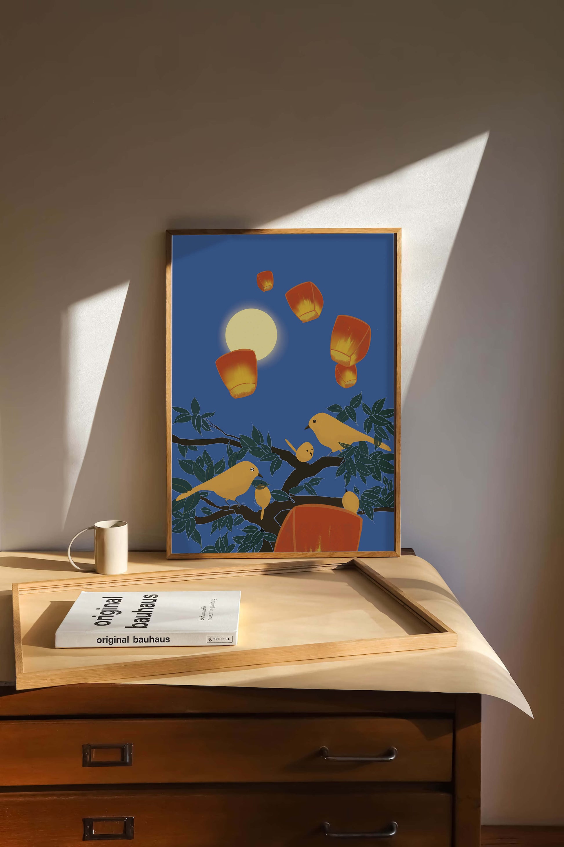 Lanterns and Birds Under the Night Sky