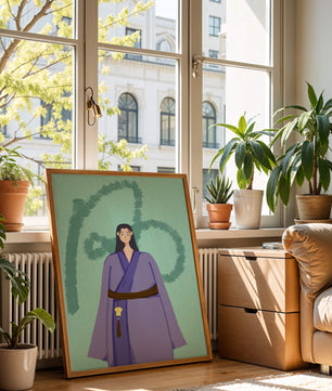 Personaje con atuendo tradicional sobre fondo texturizado