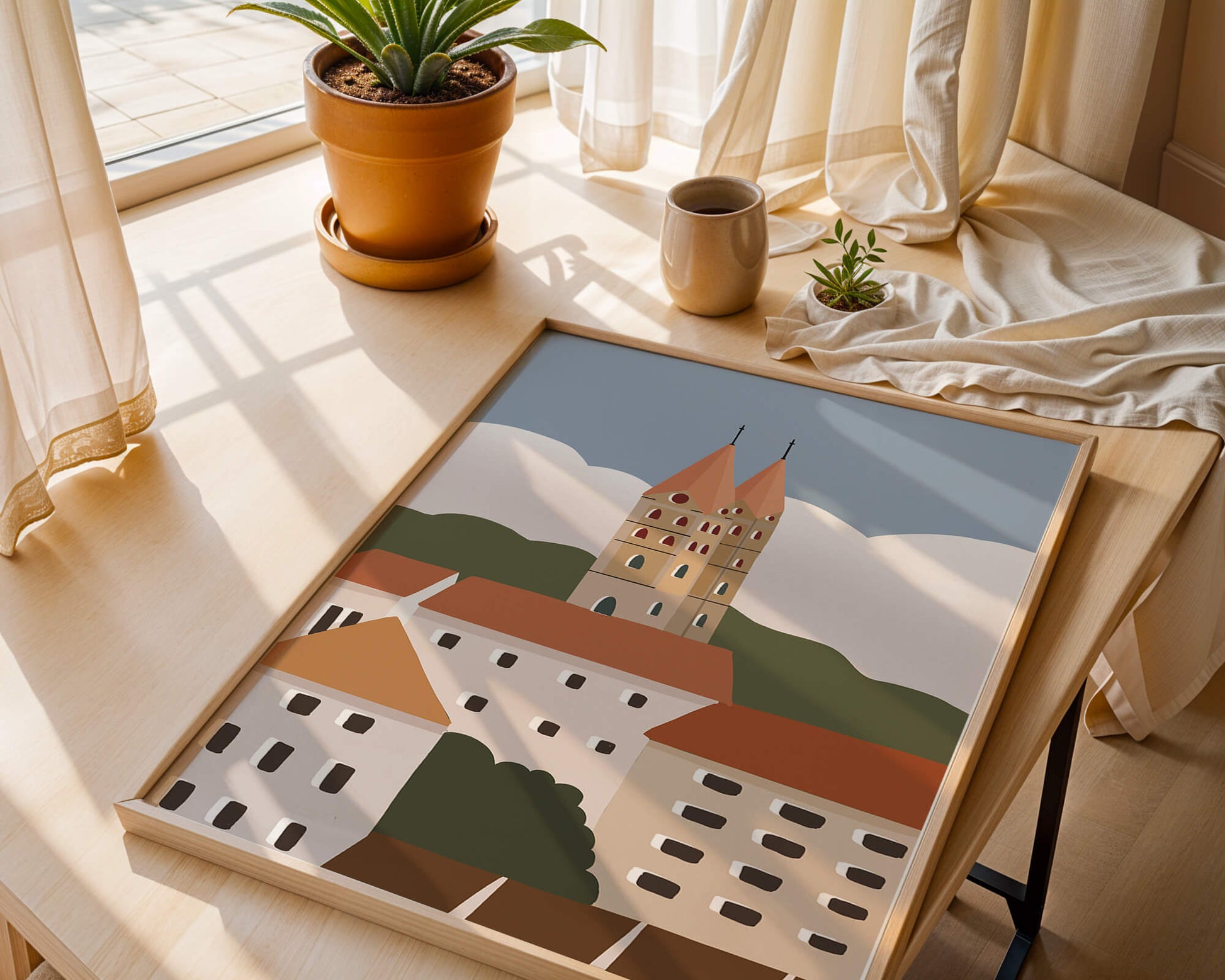 Pueblo pintoresco con torres y techos coloridos bajo el cielo azul