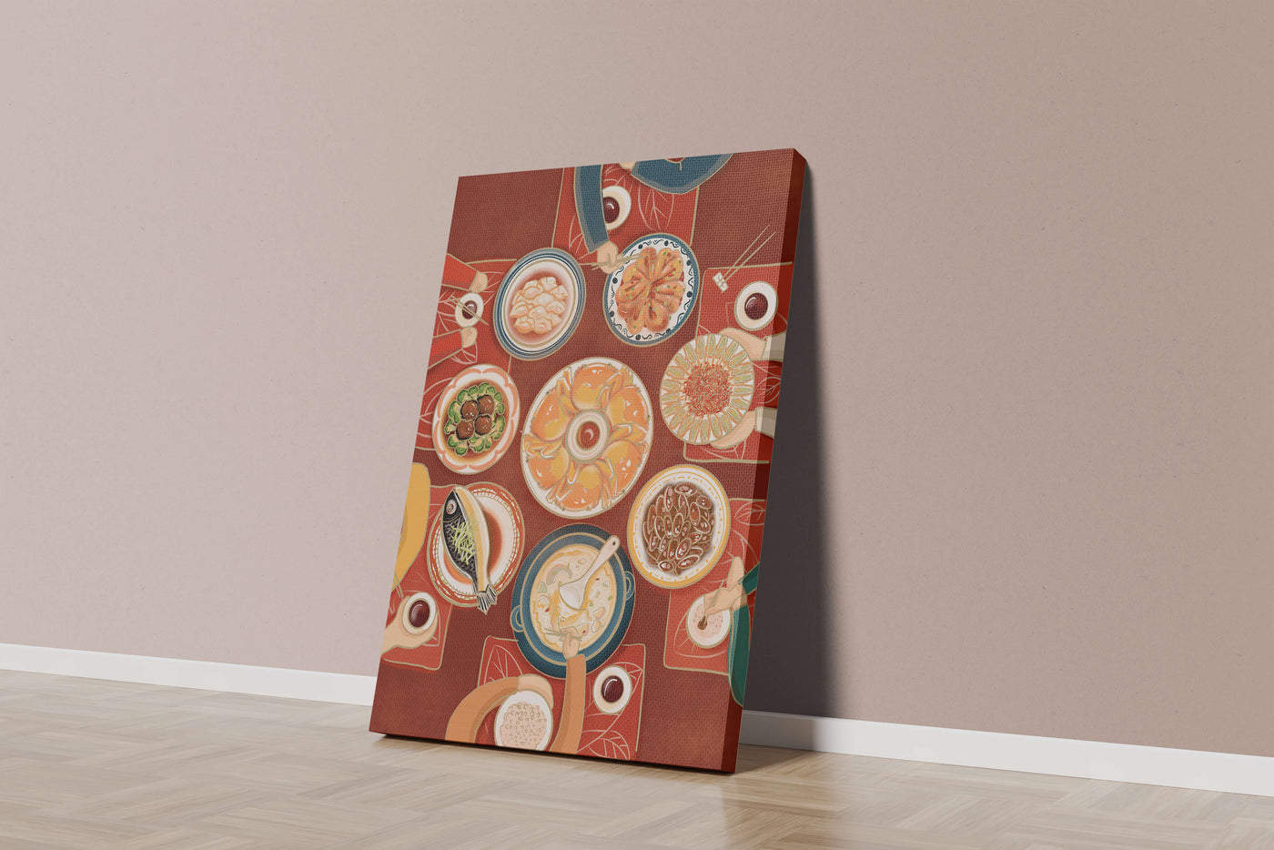 Colorful Chinese cuisine on a dining table with traditional dishes
