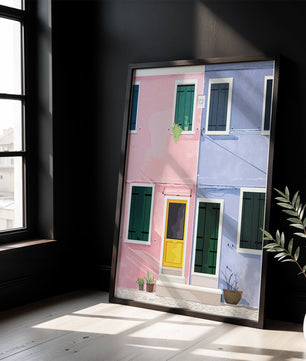 Casas pastel encantadoras con puertas y ventanas coloridas