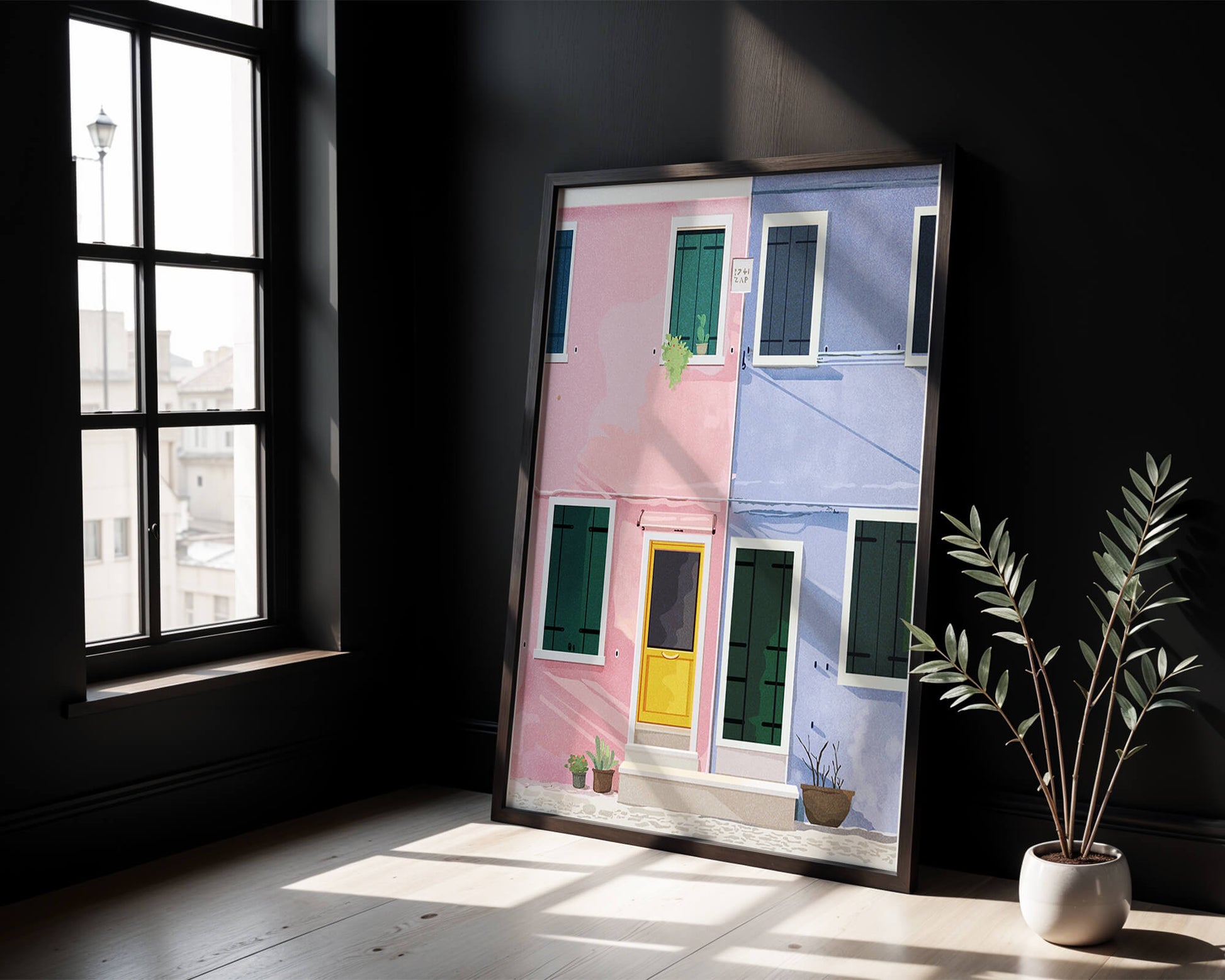 Charming pastel houses with colorful doors and windows
