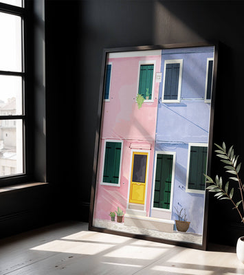 Charming pastel houses with colorful doors and windows