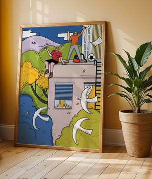 Youthful Adventure on Rooftop with Nature and Cityscape