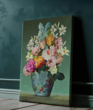 Floral arrangement in a decorative vase on a green background
