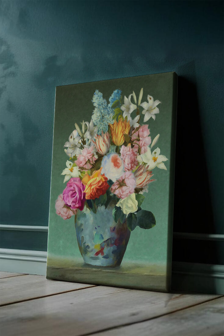 Floral arrangement in a decorative vase on a green background