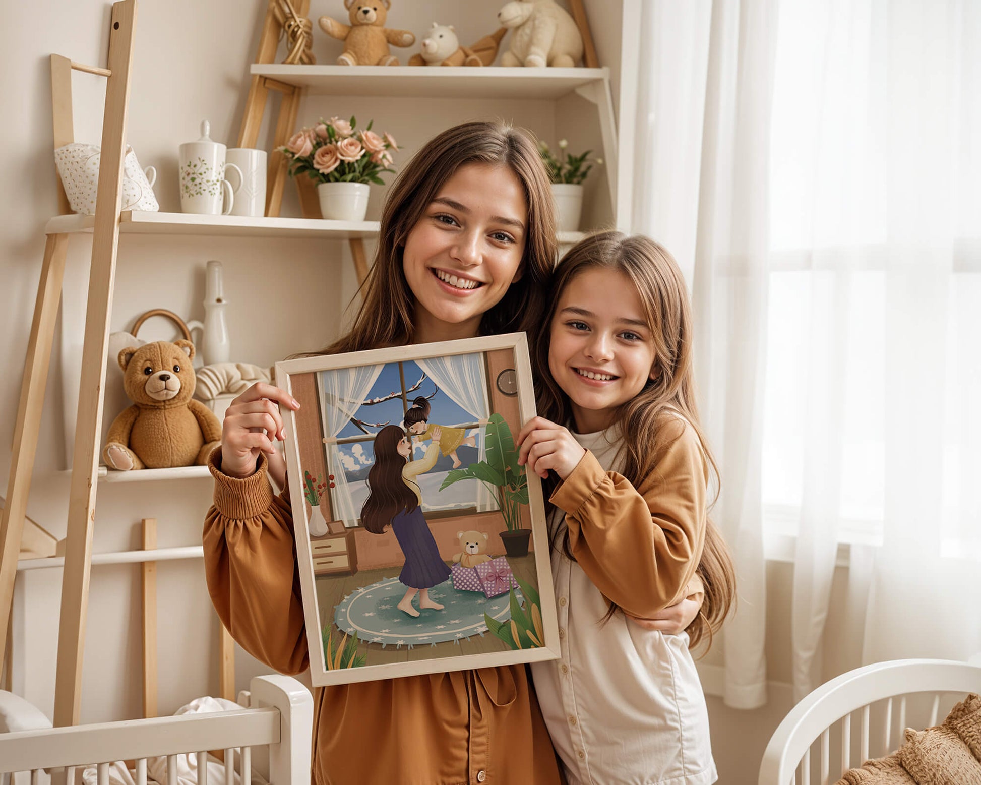 Mother and child bonding in a vibrant living room