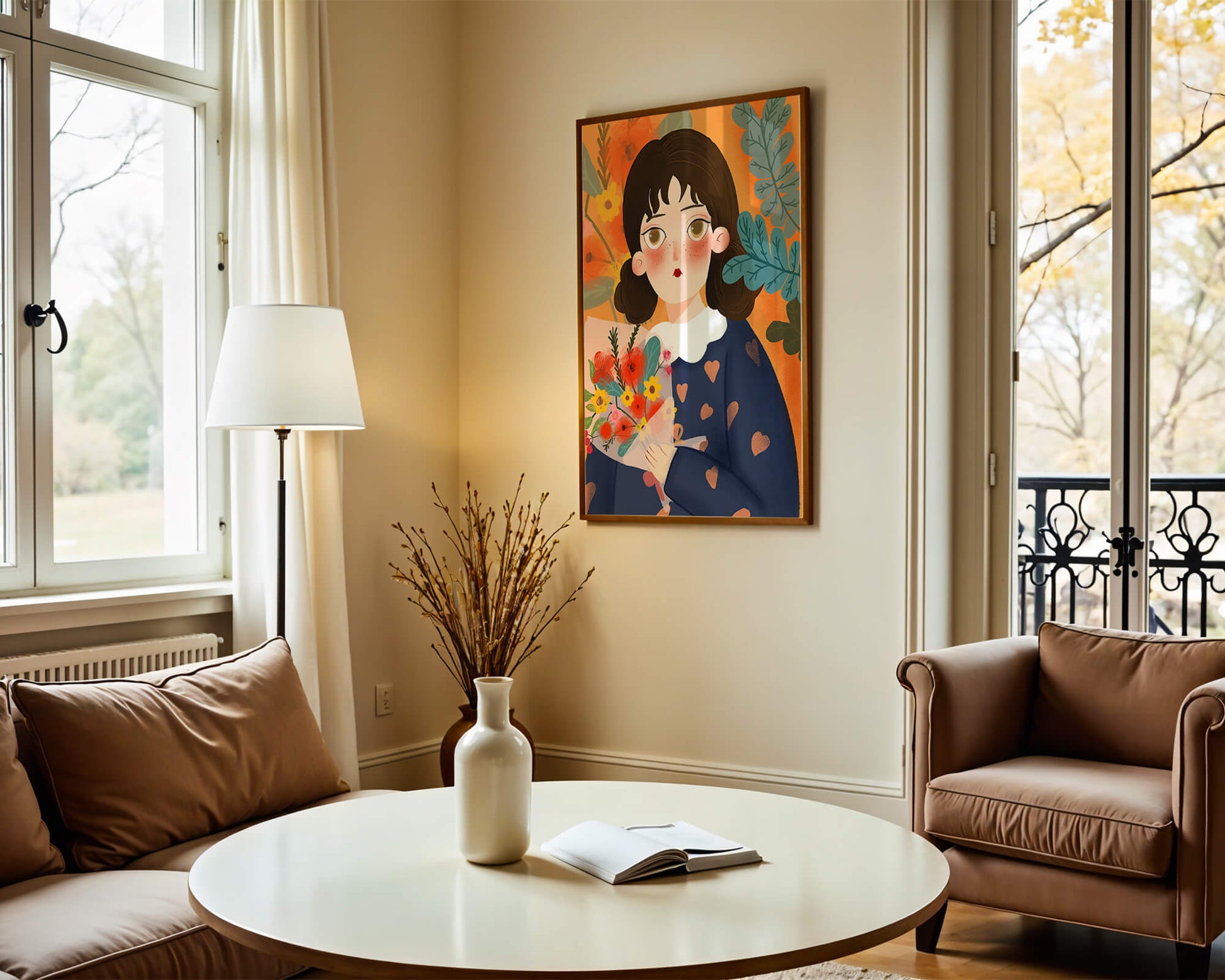 Ilustración encantadora de una chica con flores y corazones