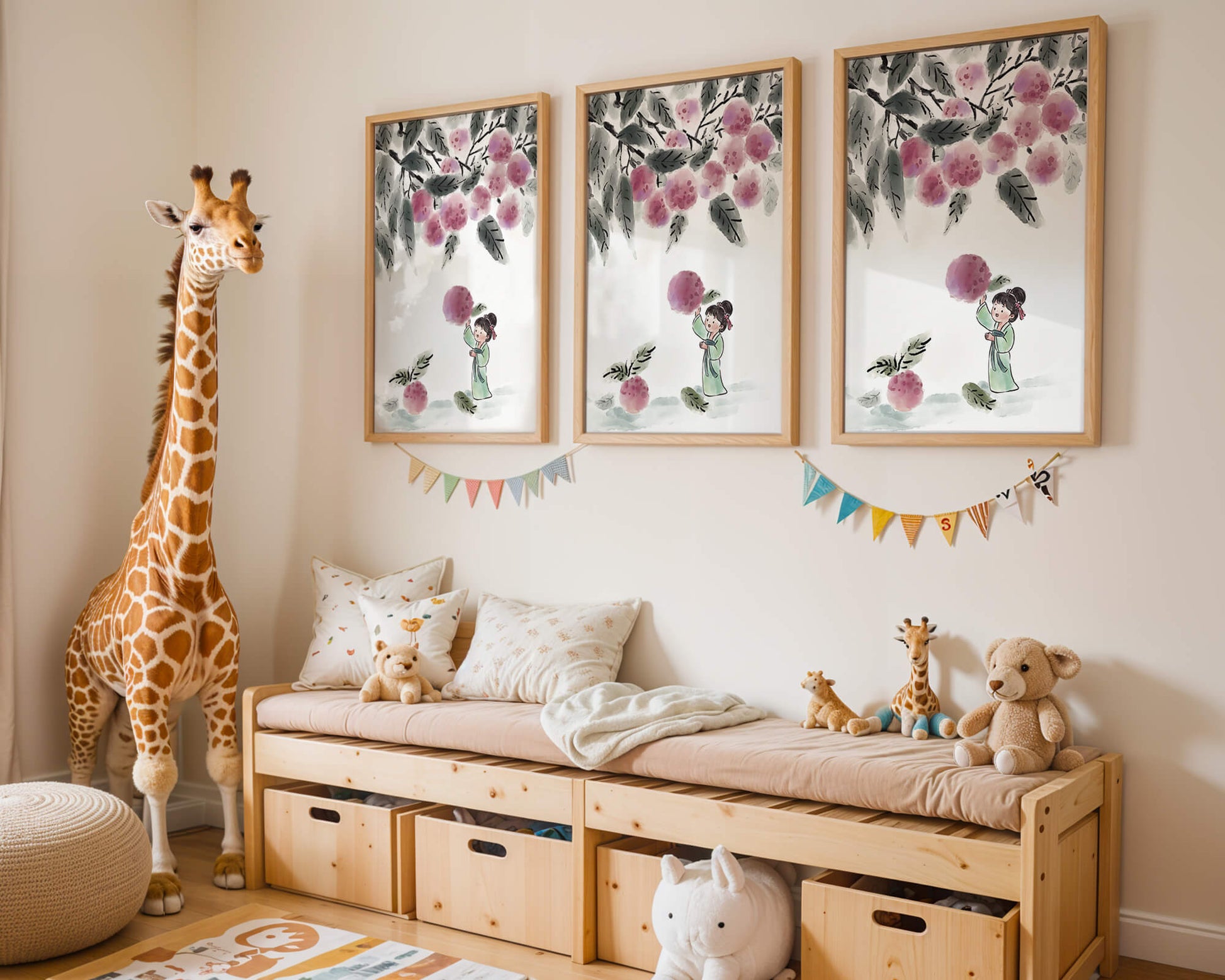 Ilustración encantadora de un niño con ropa tradicional, bayas vibrantes y hojas exuberantes