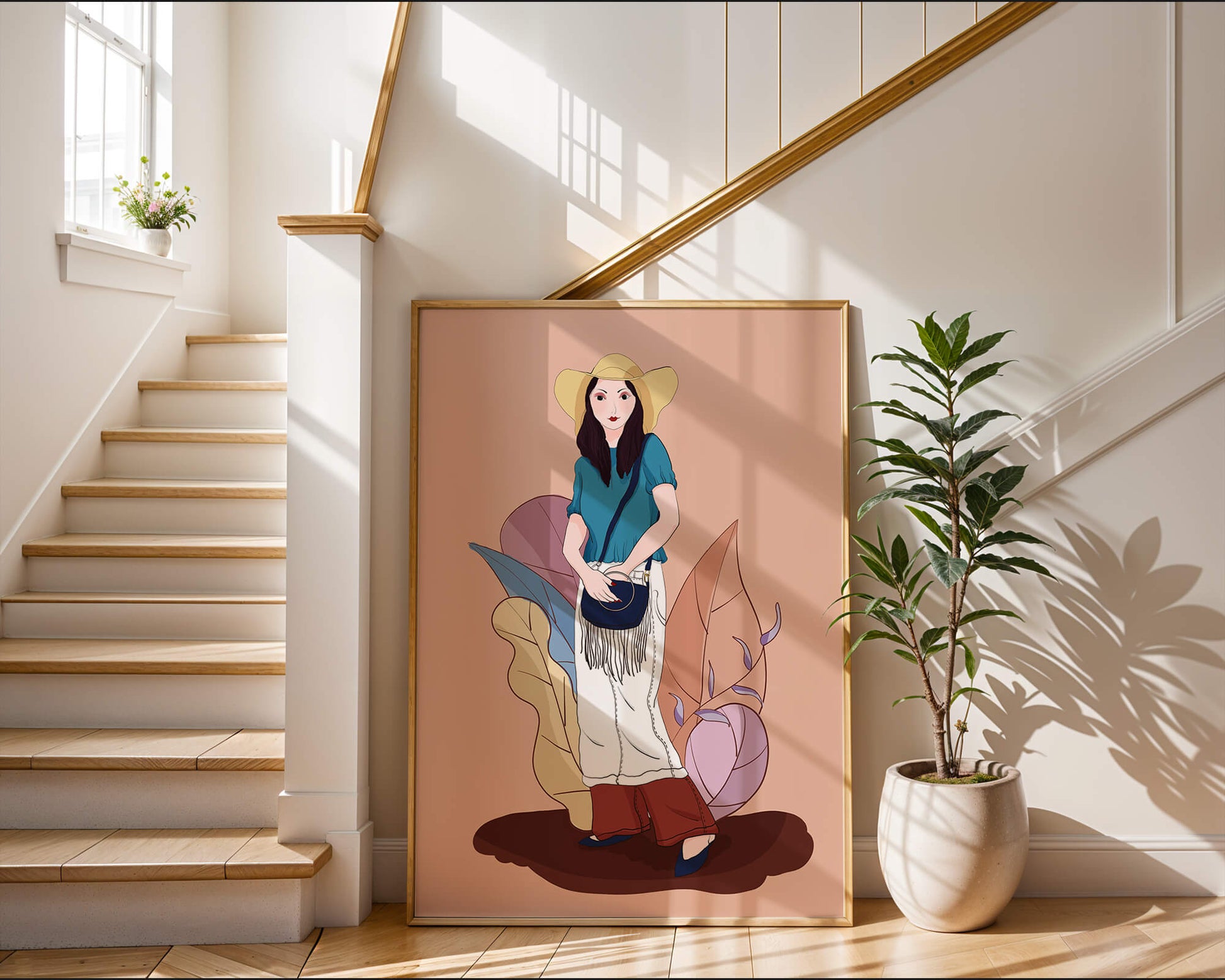 Ilustración de moda de una mujer con sombrero sobre fondo pastel