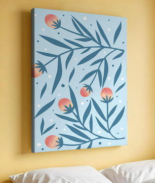 Abstract botanical pattern with colorful flowers and leaves on light blue background