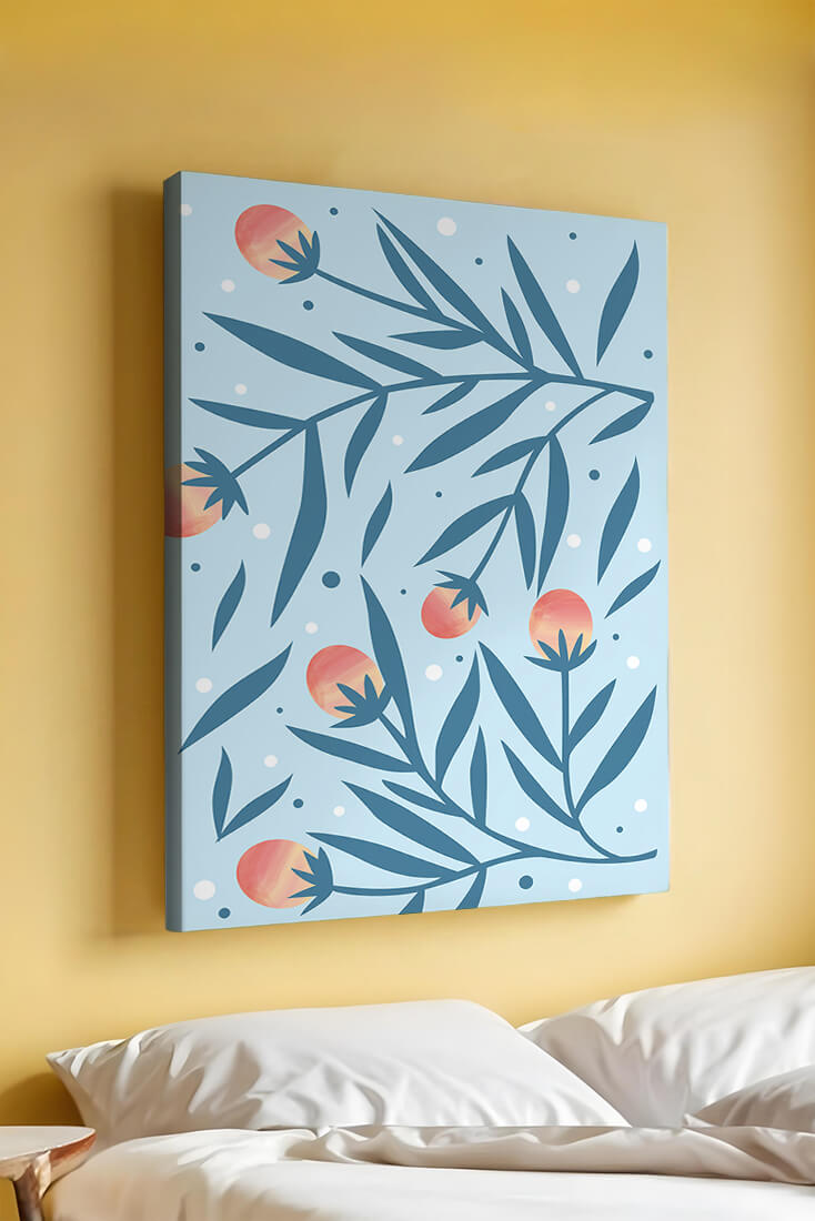 Abstract botanical pattern with colorful flowers and leaves on light blue background