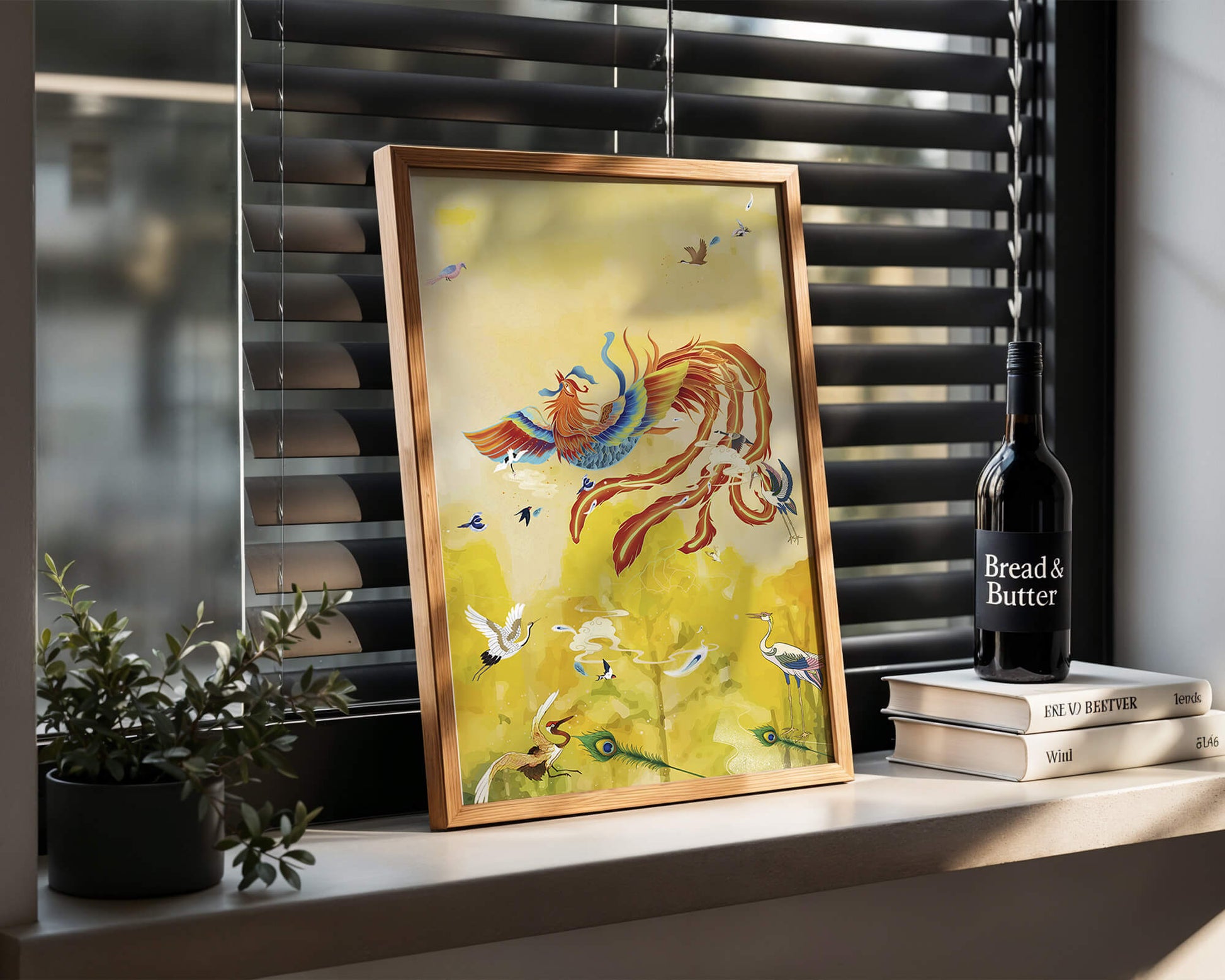 Colorful mystical bird with vivid feathered companions in a vibrant sky