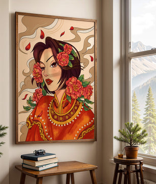 Elegantes Porträt einer Frau in traditioneller Kleidung mit floralem Haarschmuck