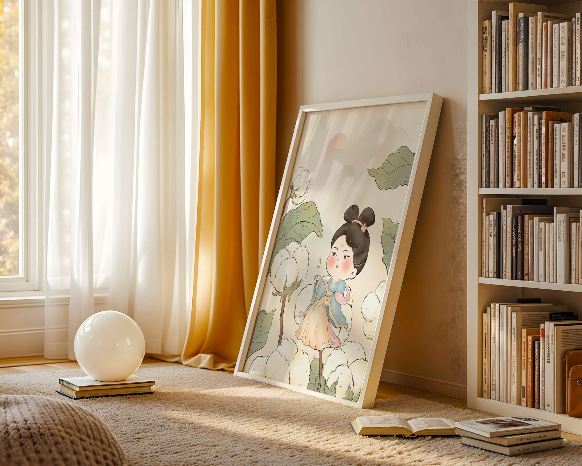 Elegant illustration of a young girl in traditional attire amid cotton plants