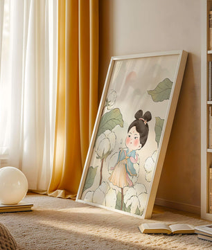 Illustration élégante d'une jeune fille en tenue traditionnelle au milieu de plants de coton
