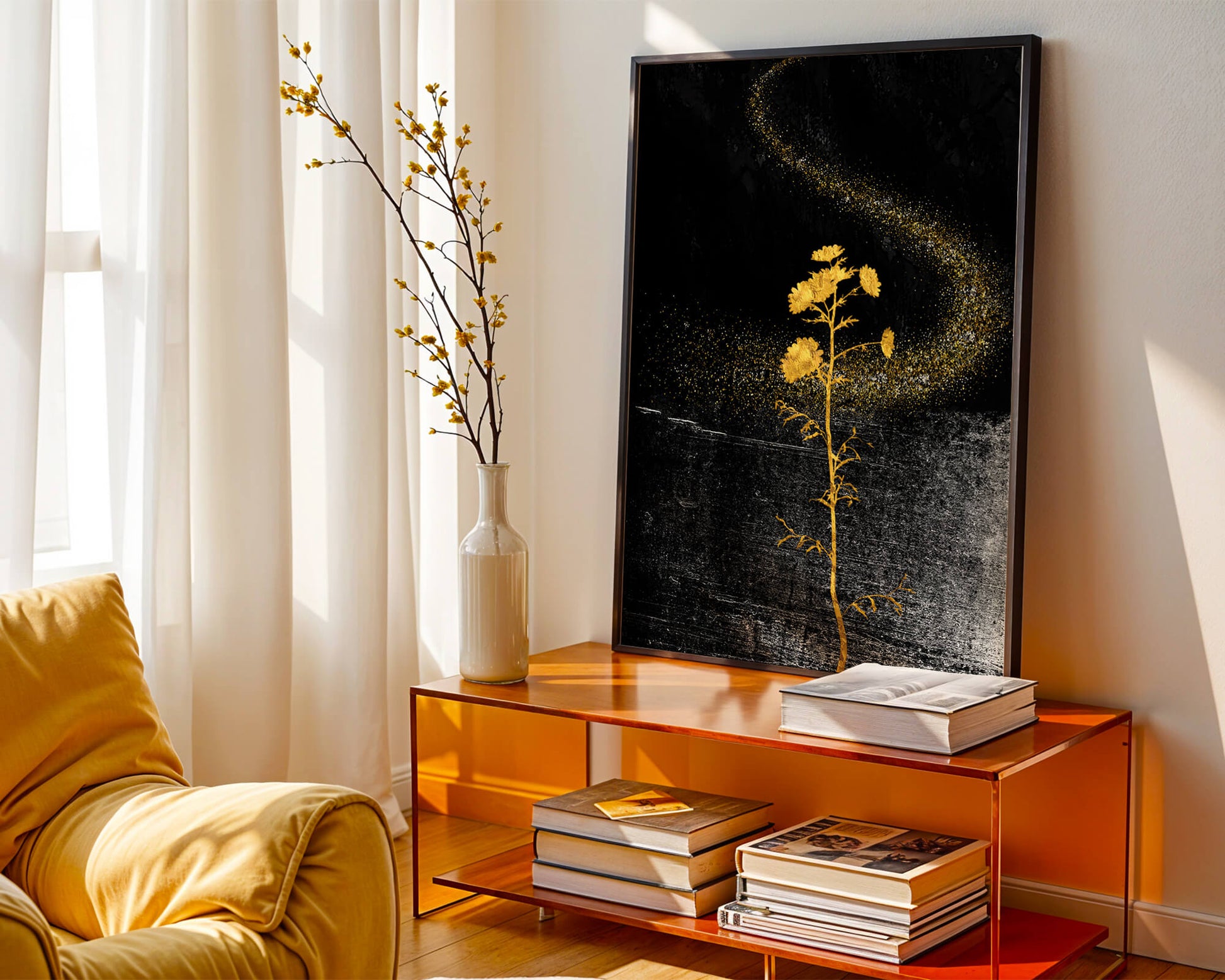 Golden Flowers on Black Background with Sparkling Dust