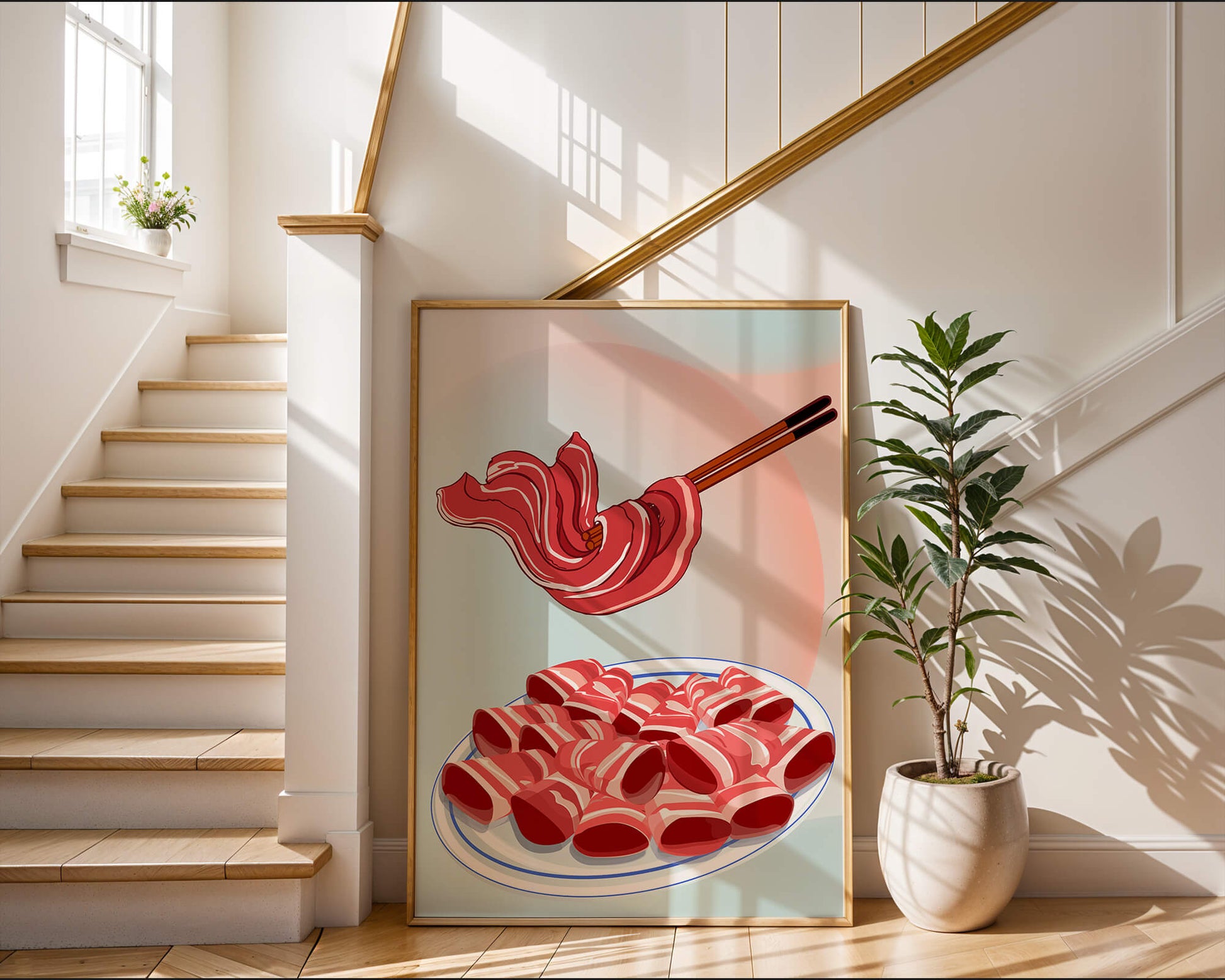 Delicious raw meat slices on plate with chopsticks in background