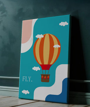 Bunte Heißluftballon-Illustration mit Wolken und abstrakten Formen