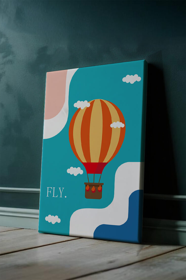 Bunte Heißluftballon-Illustration mit Wolken und abstrakten Formen
