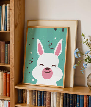 Adorable cartoon bunny on teal background with playful elements