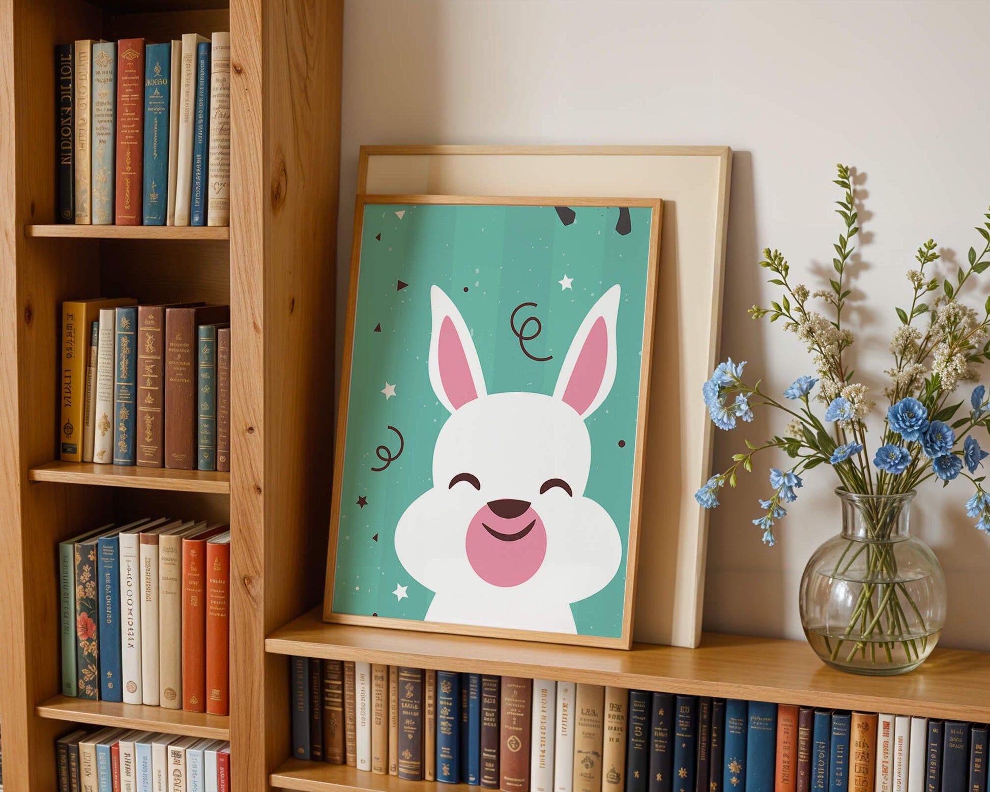 Adorable cartoon bunny on teal background with playful elements