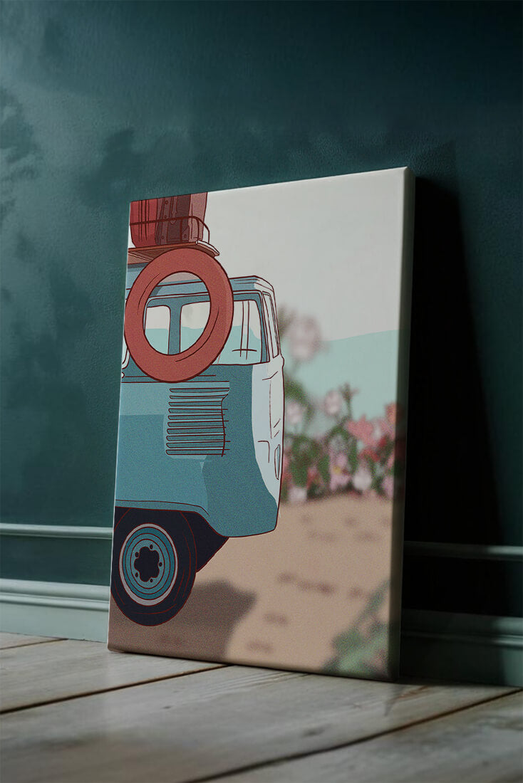 Viaje por carretera de verano en una furgoneta azul vintage