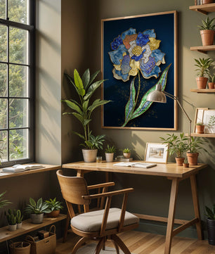 Diseño floral texturizado y colorido con contornos dorados sobre fondo oscuro