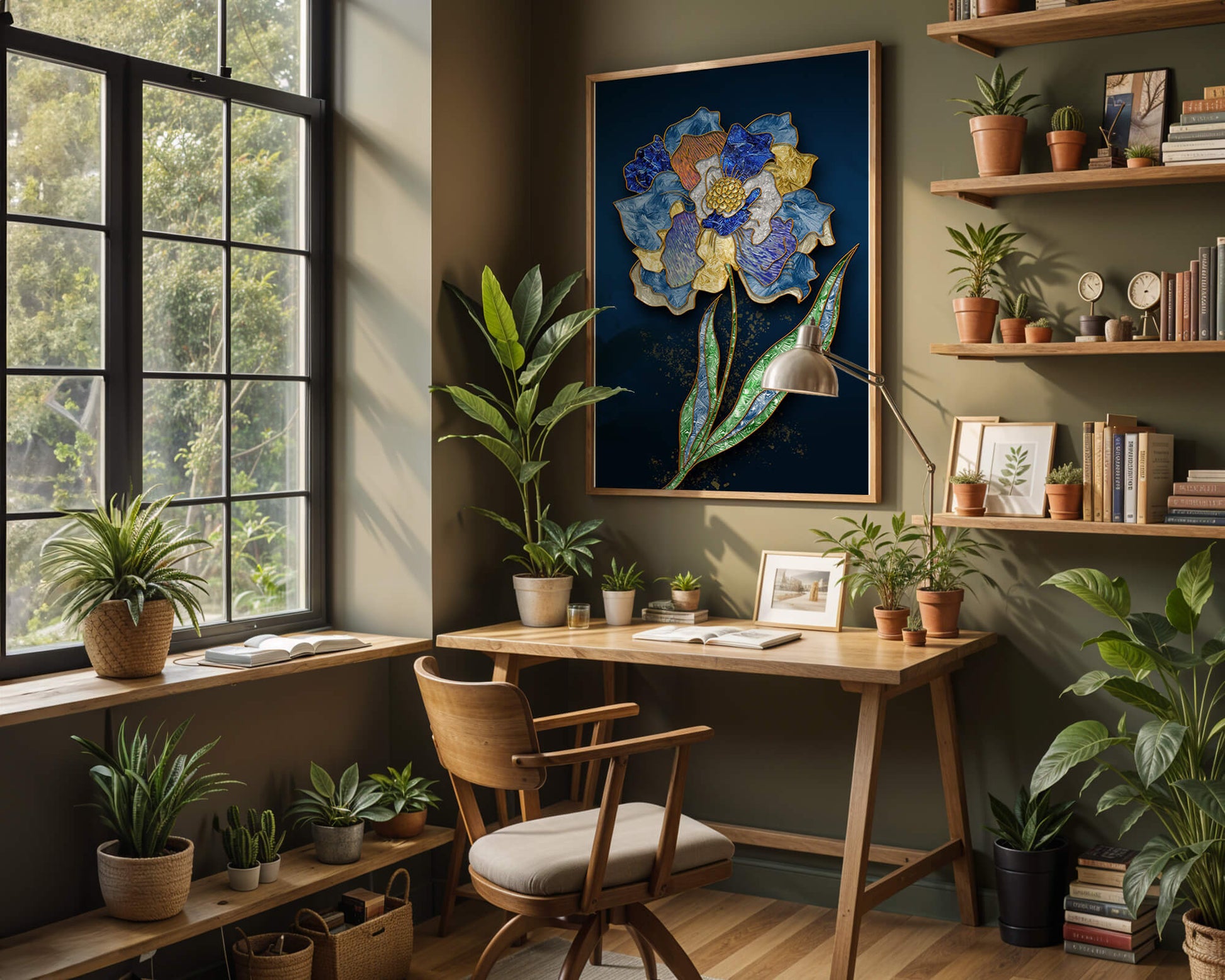 Diseño floral texturizado y colorido con contornos dorados sobre fondo oscuro