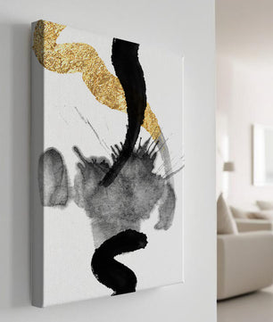 Abstract black and gold brushstrokes with textured patterns