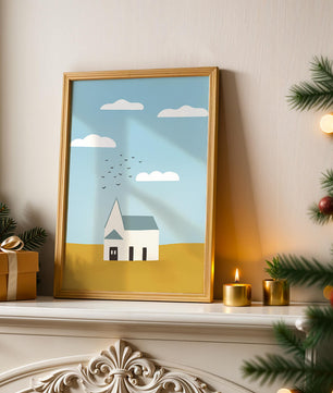 Paisaje minimalista con una casa blanca y cielo