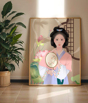 Elegant traditional Asian woman in pastel attire with floral background