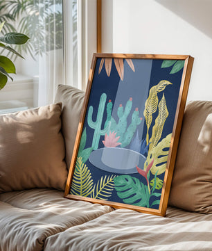 Ilustración botánica colorida con cactus y hojas tropicales