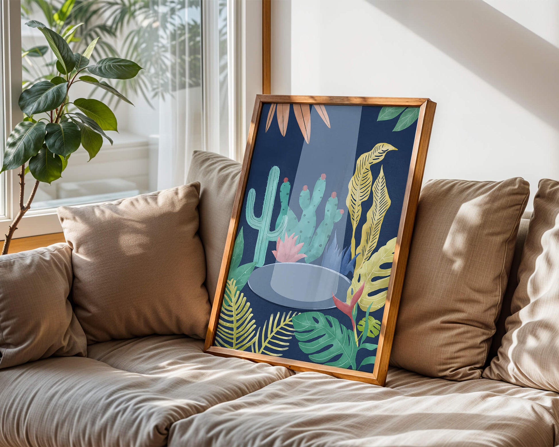 Colorful botanical illustration featuring cacti and tropical leaves