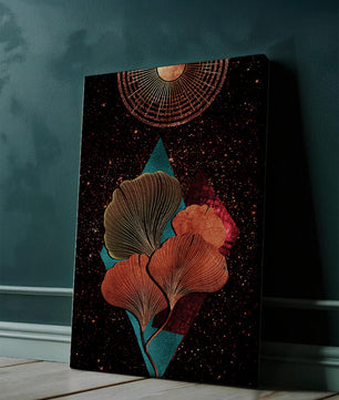 Traducción al español: Ilustración floral cósmica abstracta con elementos geométricos y acentos dorados