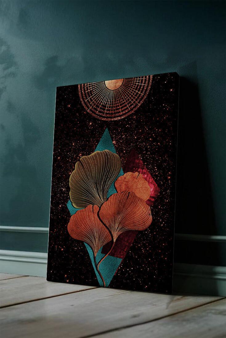 Traducción al español: Ilustración floral cósmica abstracta con elementos geométricos y acentos dorados