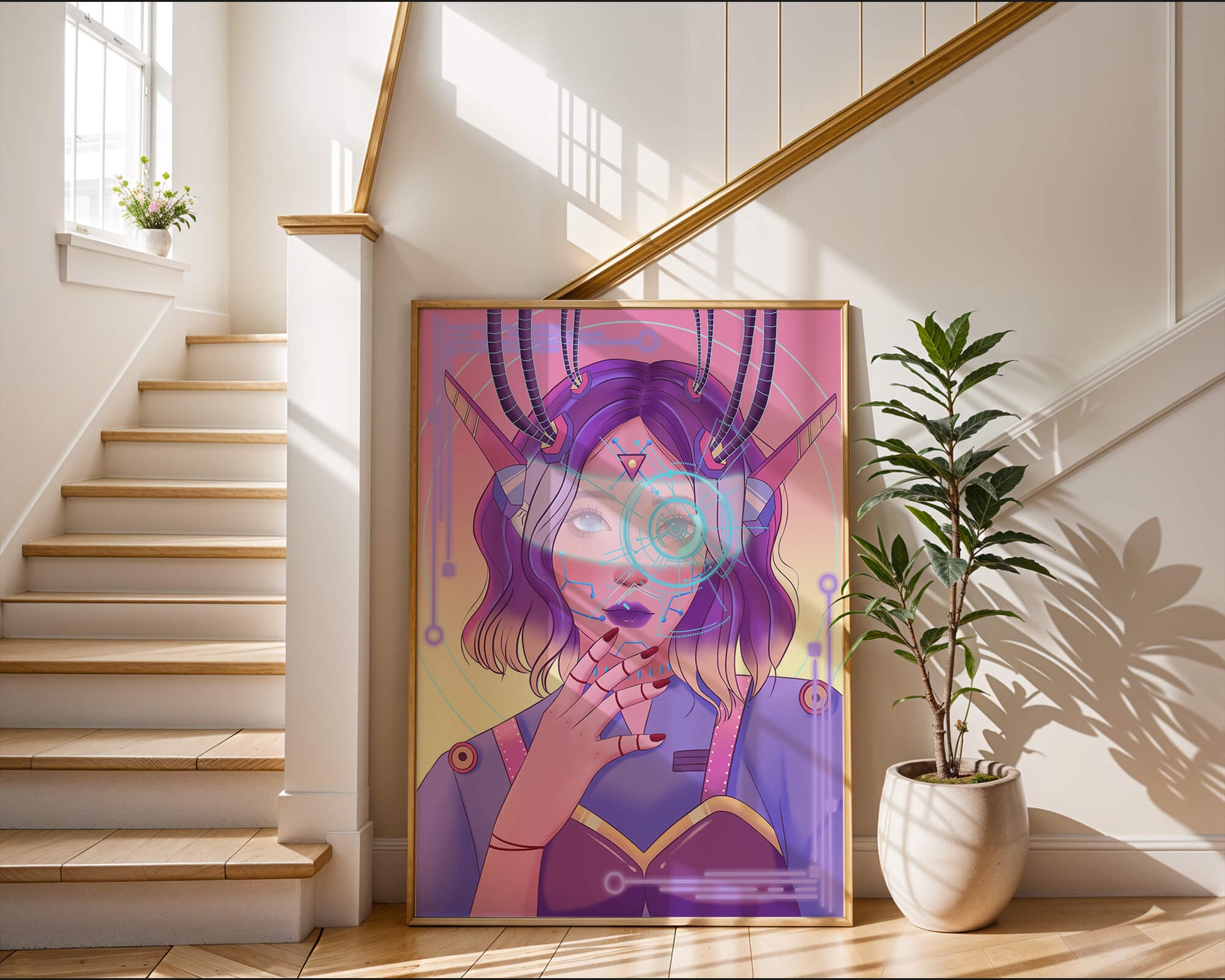Futuristic digital art featuring a cybernetic woman with a holographic interface