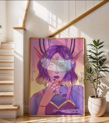 Futuristic digital art featuring a cybernetic woman with a holographic interface